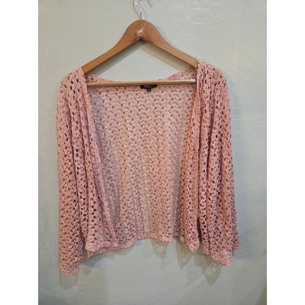 Onyx Apparel Pink Metallic Crochet Knit Open Front Cardigan Shrug Plus Size 2X